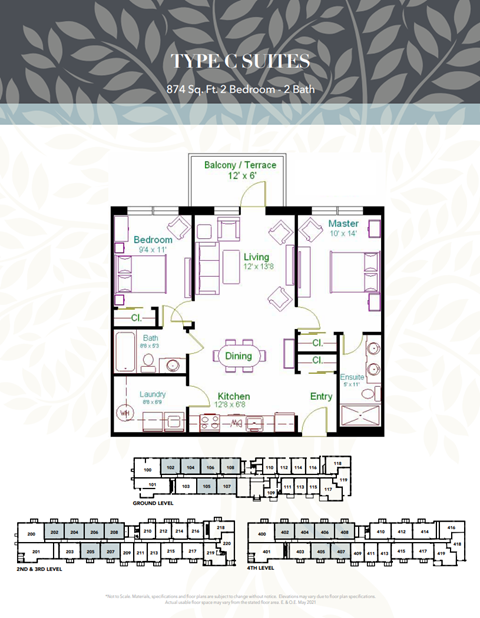 Floor plan for 2 beds, 2 baths, 874 sqft